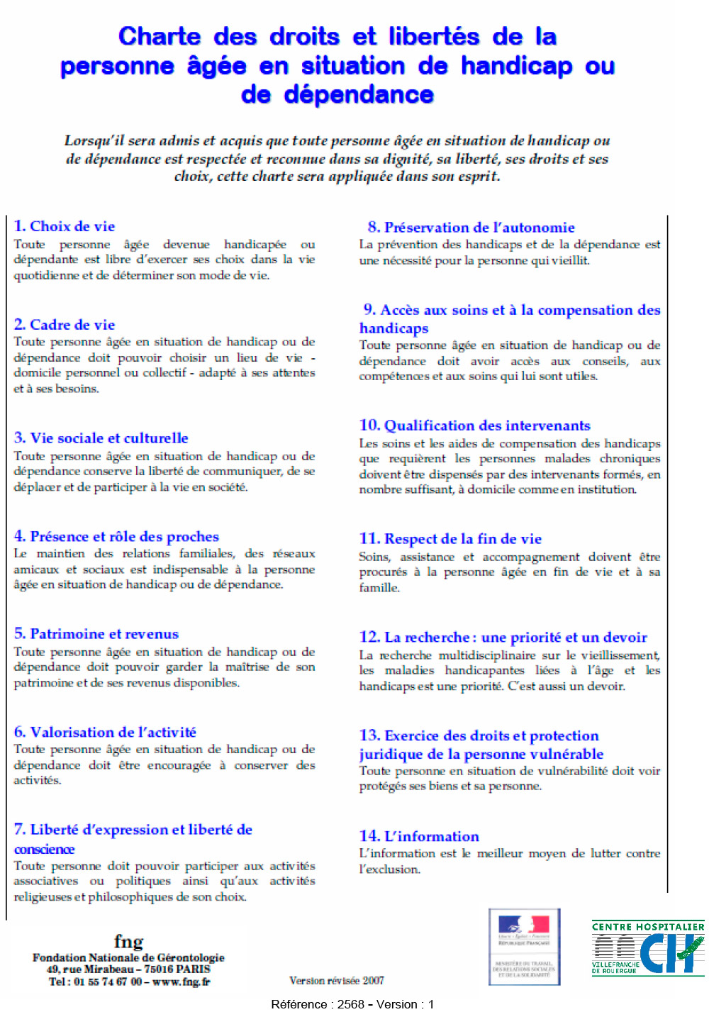 Charte des droits et libertés de la personne âgée dépendante
